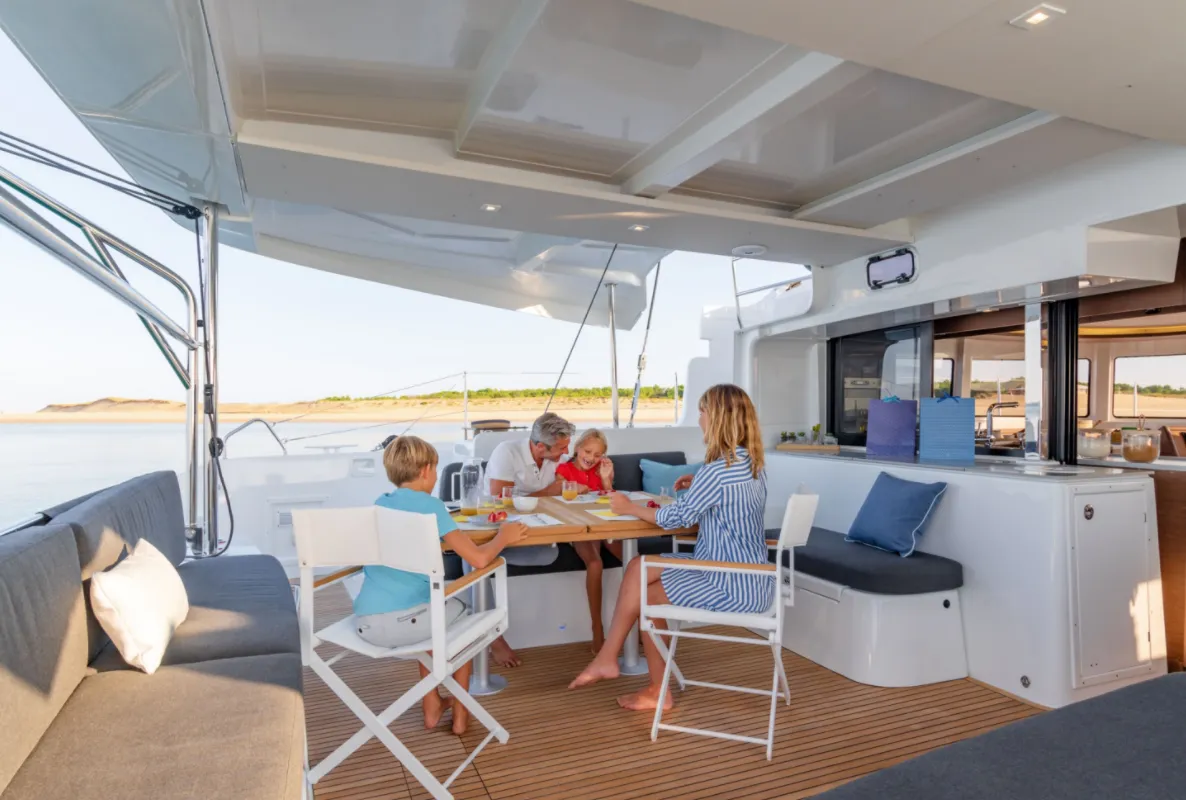 Deck of SunDay, a Lagoon 46 catamaran at Thira Municipal Unit, Greece