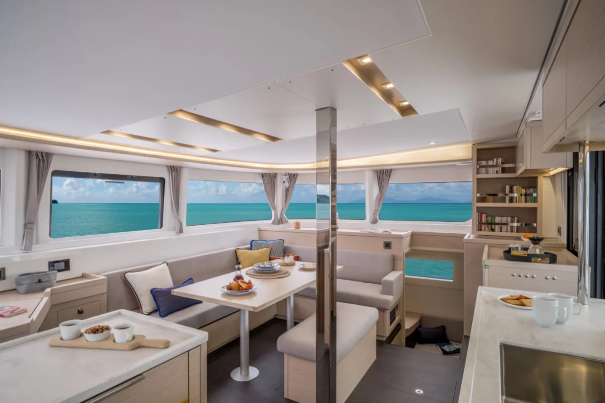 Salon of SunDay, a Lagoon 46 catamaran at Thira Municipal Unit, Greece