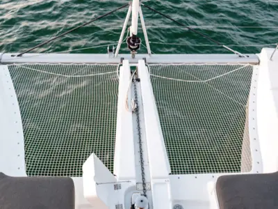 Deck of SunDay, a Lagoon 46 catamaran at Thira Municipal Unit, Greece