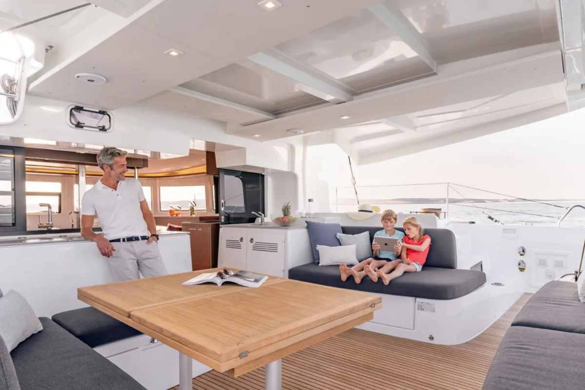 Deck of SunDay, a Lagoon 46 catamaran at Thira Municipal Unit, Greece