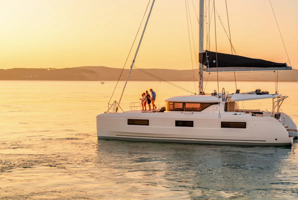 Exterior view of SunDay, a Lagoon 46 catamaran at Thira Municipal Unit, Greece