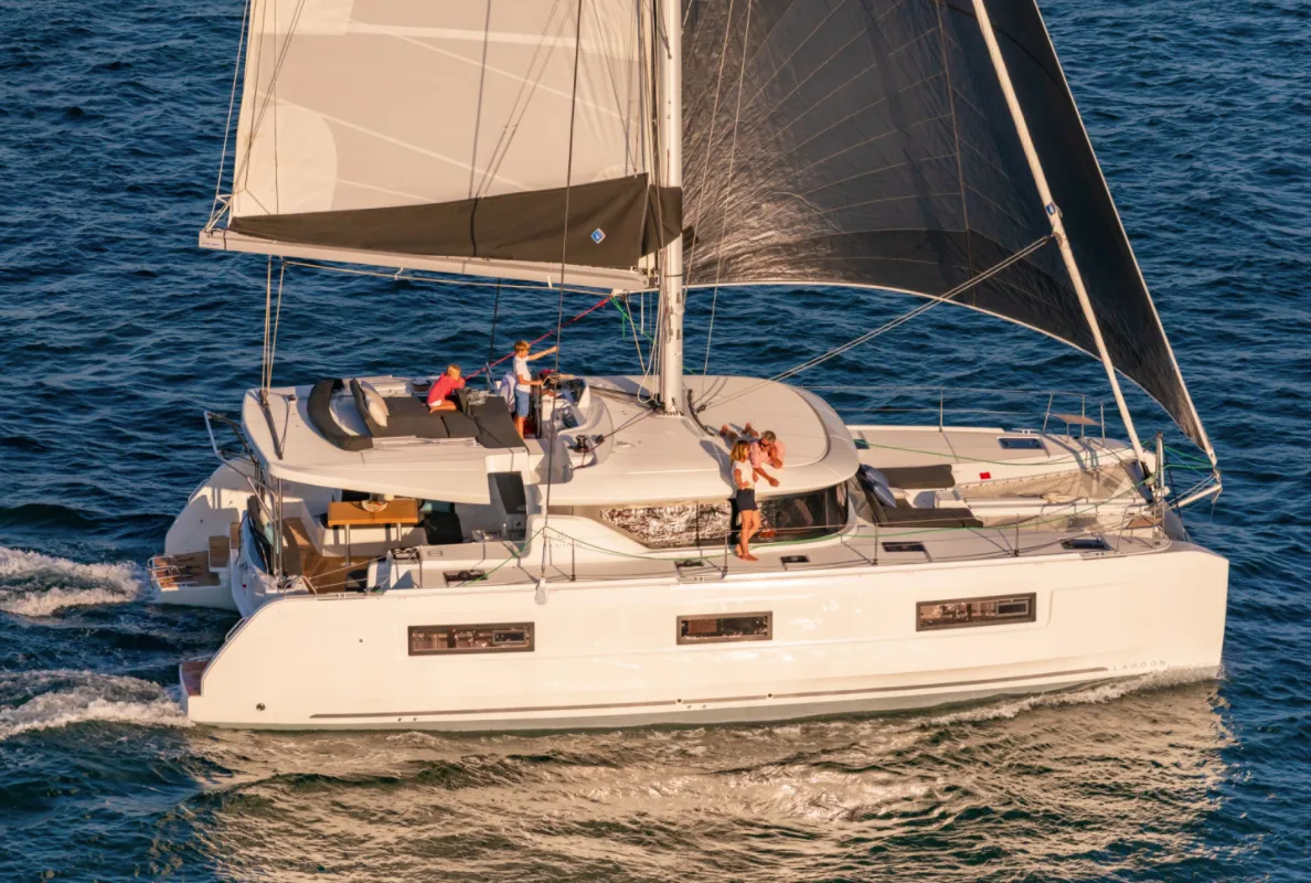 Exterior view of SunDay, a Lagoon 46 catamaran at Thira Municipal Unit, Greece