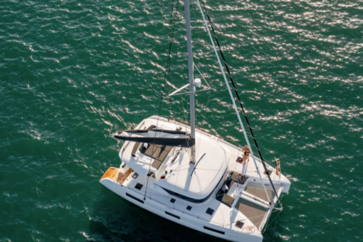 Exterior view of SunDay, a Lagoon 46 catamaran at Thira Municipal Unit, Greece