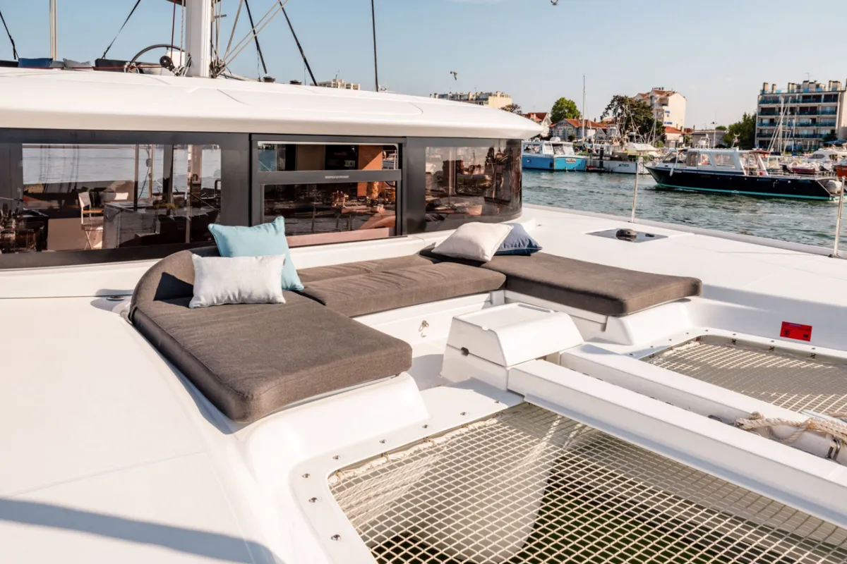 Deck of SunDay, a Lagoon 46 catamaran at Thira Municipal Unit, Greece
