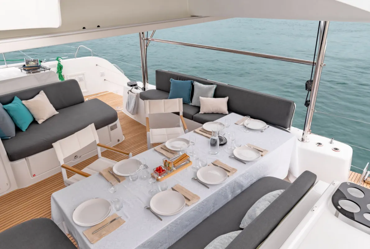 Deck of SunDay, a Lagoon 46 catamaran at Thira Municipal Unit, Greece