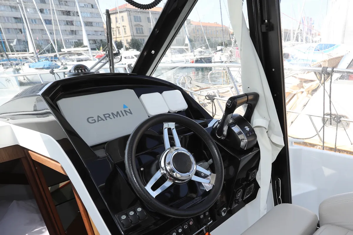 Cockpit of Wind, a Jeanneau Merry Fisher 895 motorboat at Dubrovnik, Croatia