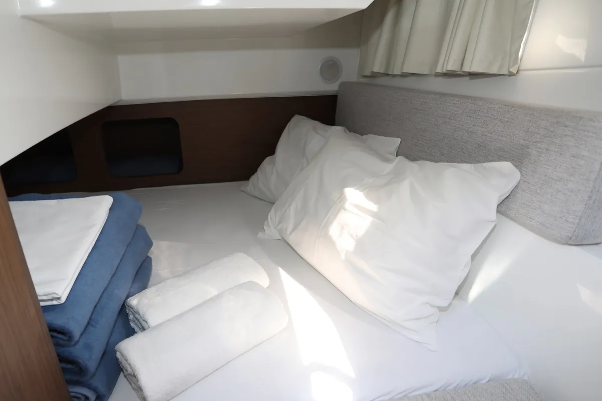 Cabin on Wind, a Jeanneau Merry Fisher 895 motorboat at Dubrovnik, Croatia