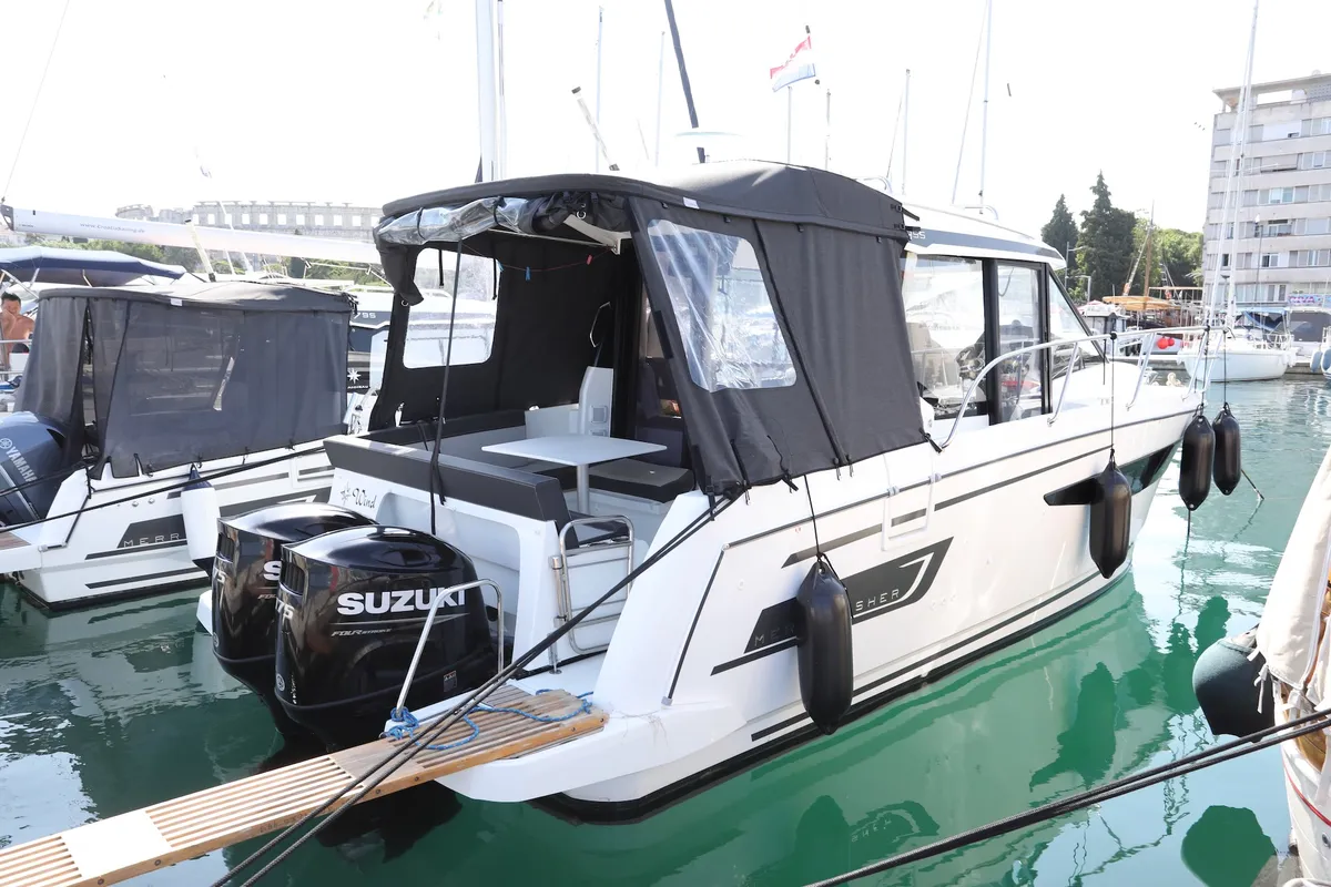 Exterior view of Wind, a Jeanneau Merry Fisher 895 motorboat at Dubrovnik, Croatia