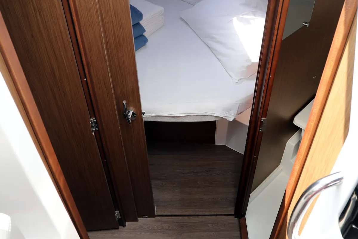 Cabin on Wind, a Jeanneau Merry Fisher 895 motorboat at Dubrovnik, Croatia