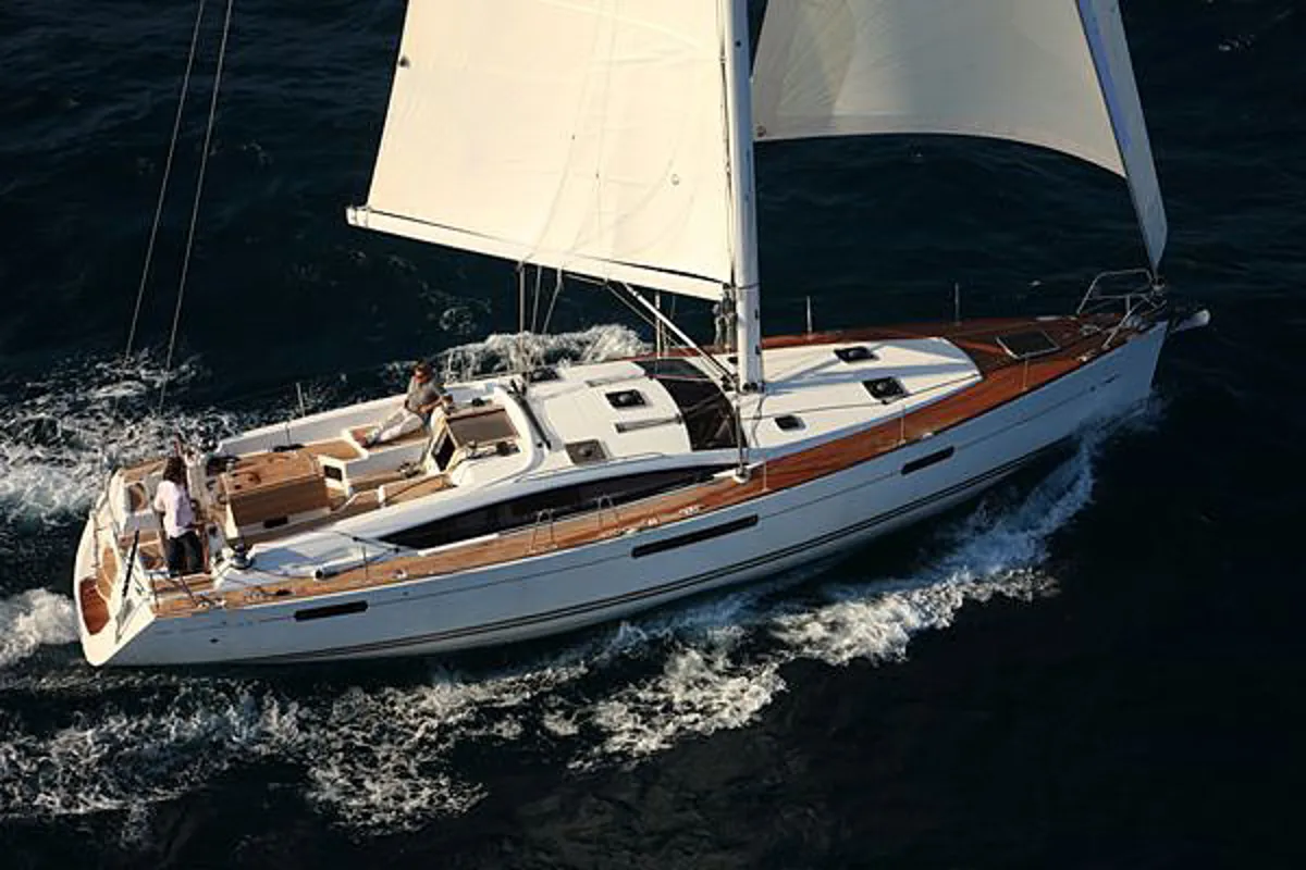 Exterior view of Keep Calm, a Jeanneau 53 sailboat at Olbia, Italy