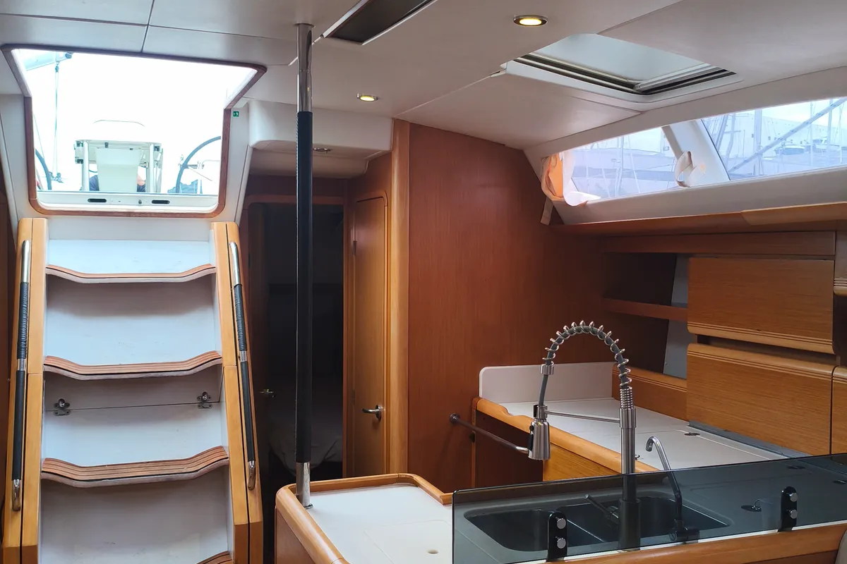 Galley of Keep Calm, a Jeanneau 53 sailboat at Olbia, Italy