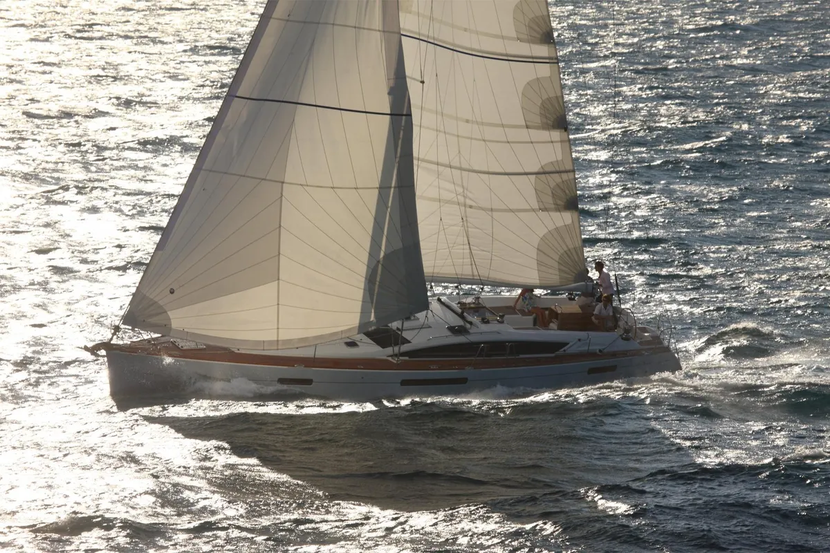 Exterior view of Keep Calm, a Jeanneau 53 sailboat at Olbia, Italy