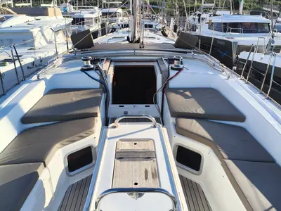 Deck of Keep Calm, a Jeanneau 53 sailboat at Olbia, Italy