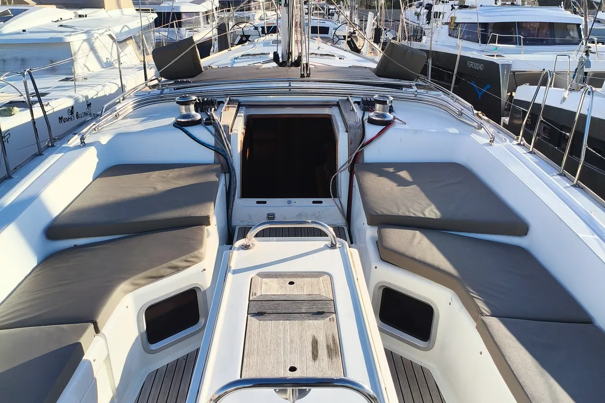 Deck of Keep Calm, a Jeanneau 53 sailboat at Olbia, Italy