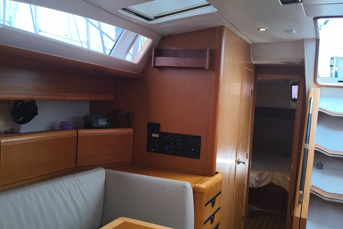 Salon of Keep Calm, a Jeanneau 53 sailboat at Olbia, Italy