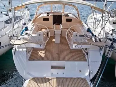 Cockpit of Alcamaro, a Elan Impression 45 sailboat at Vigo, Spain