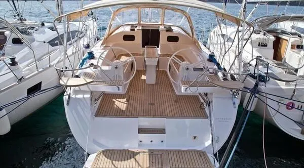 Cockpit of Alcamaro, a Elan Impression 45 sailboat at Vigo, Spain