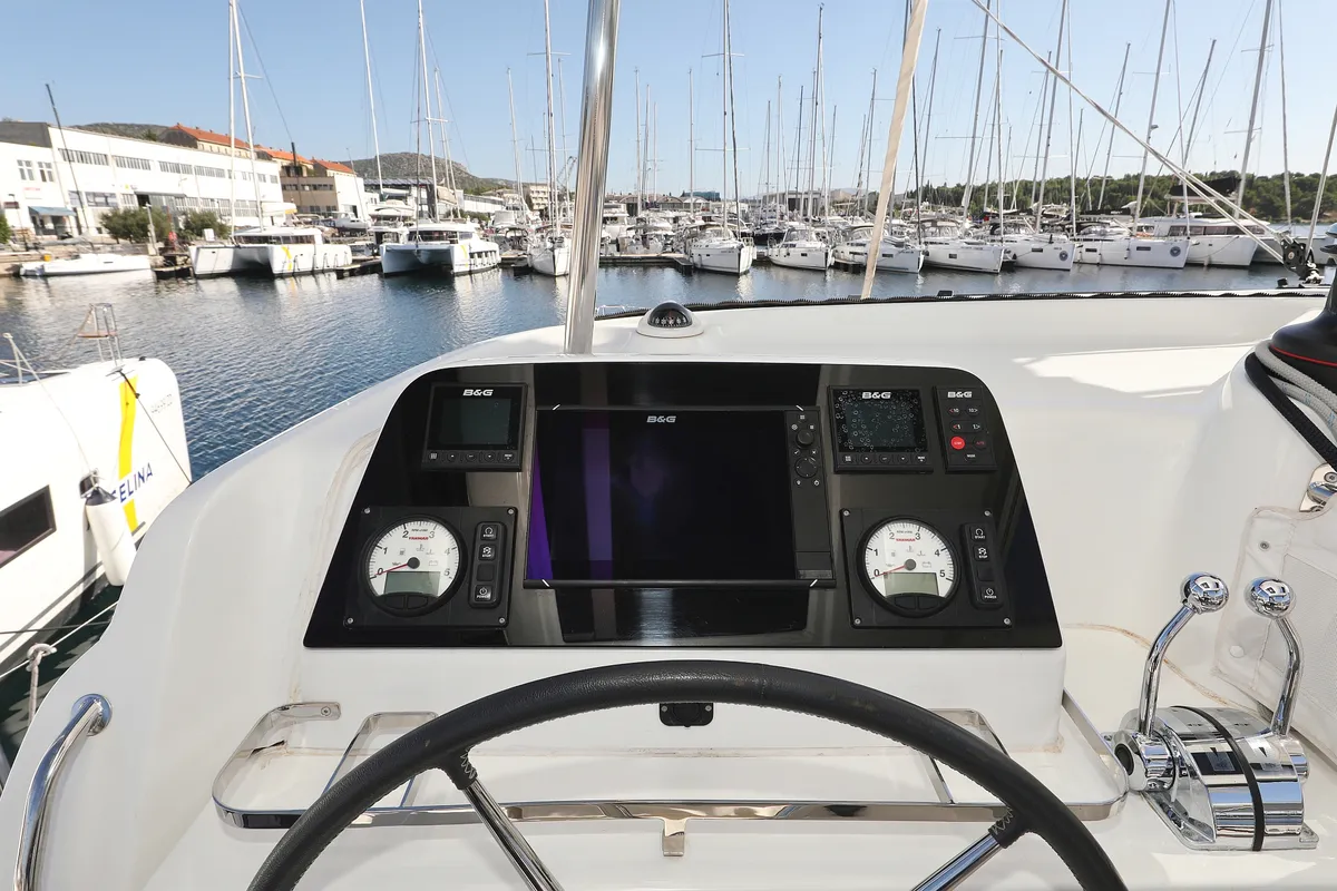 Cockpit of Media Luna, a Lagoon 42 catamaran at Općina Sukošan, Croatia