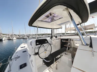Cockpit of Media Luna, a Lagoon 42 catamaran at Općina Sukošan, Croatia