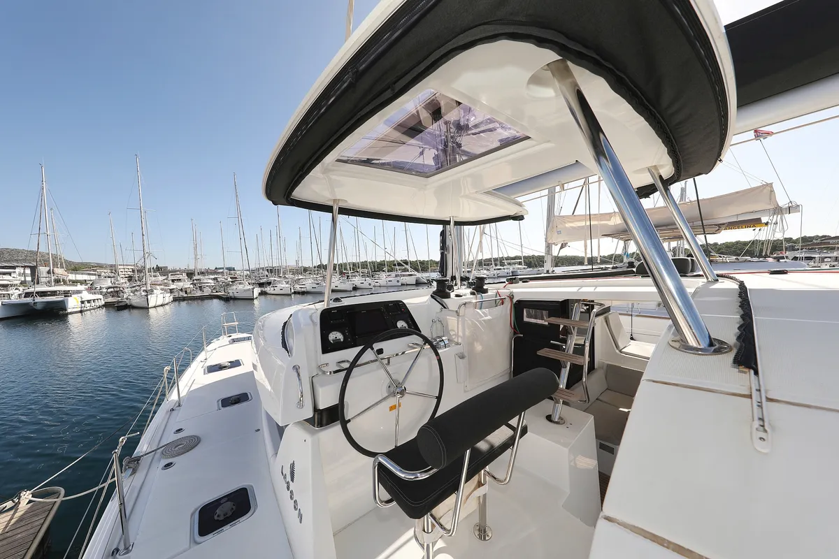 Cockpit of Media Luna, a Lagoon 42 catamaran at Općina Sukošan, Croatia