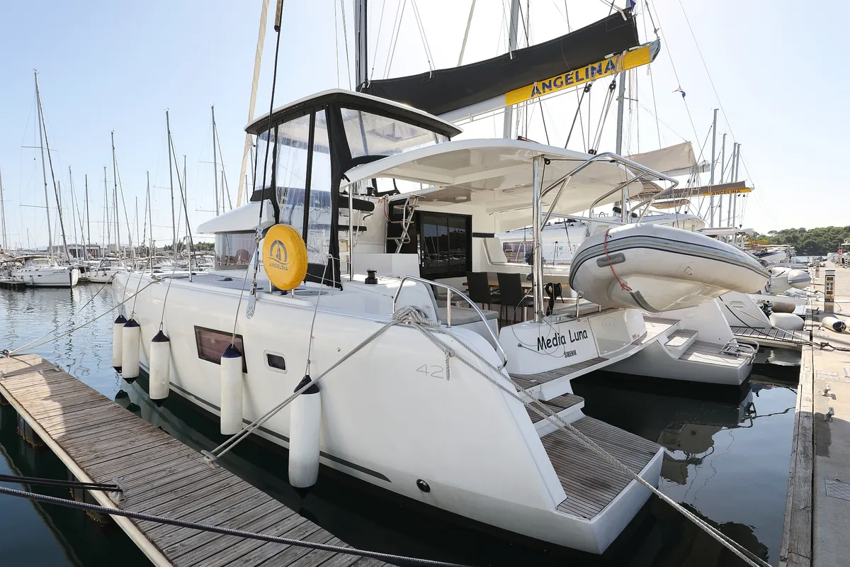 Exterior view of Media Luna, a Lagoon 42 catamaran at Općina Sukošan, Croatia