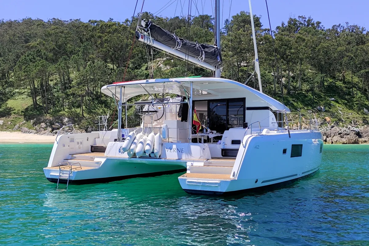 Exterior view of Verne, a Lagoon 42 catamaran at Baiona, Spain