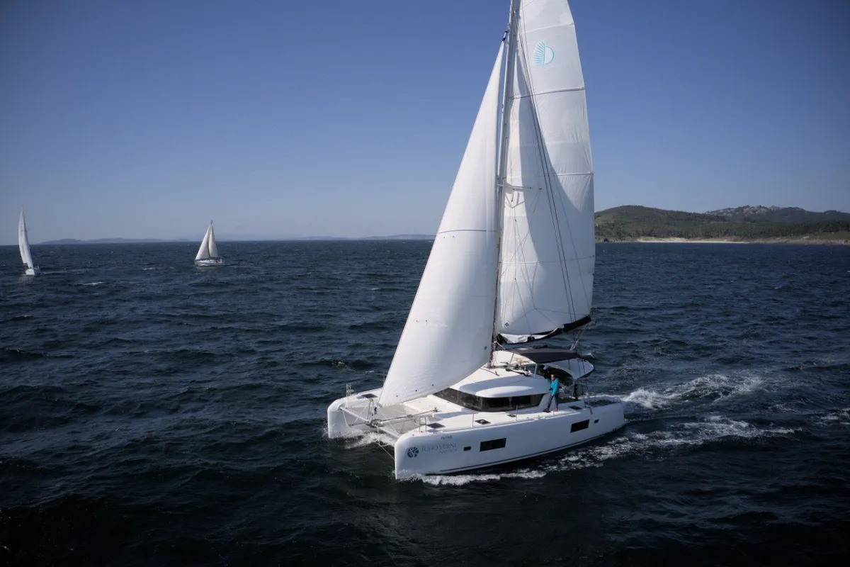 Exterior view of Verne, a Lagoon 42 catamaran at Baiona, Spain