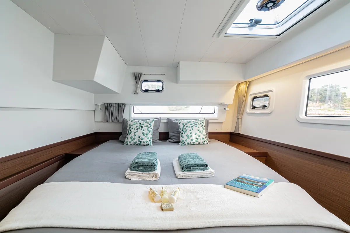Cabin on Verne, a Lagoon 42 catamaran at Baiona, Spain