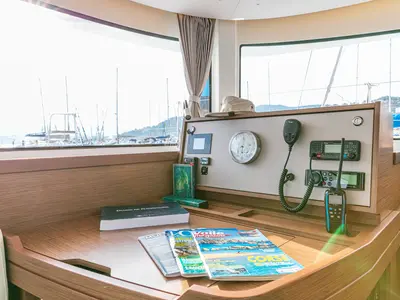Cockpit of Verne, a Lagoon 42 catamaran at Baiona, Spain