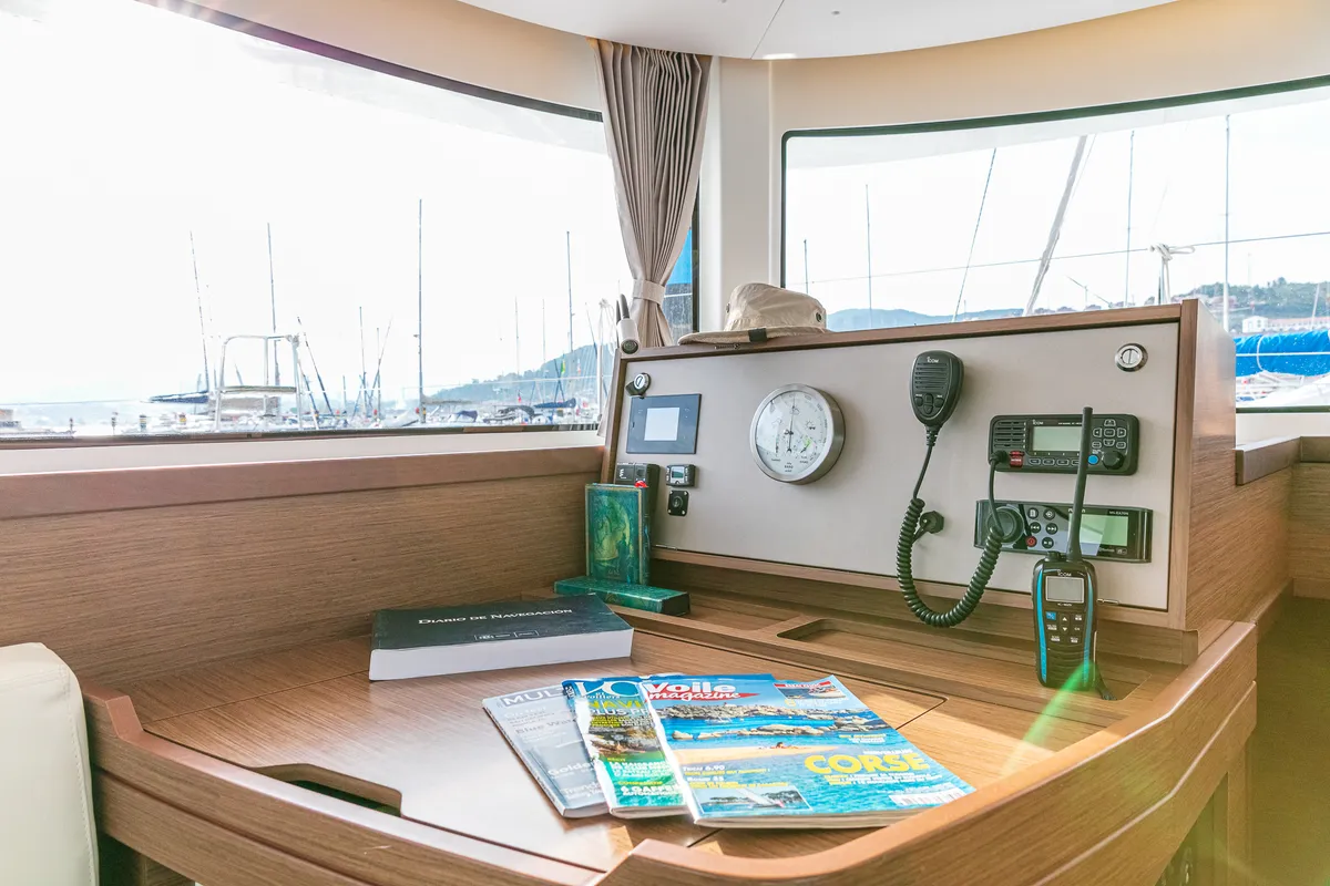 Cockpit of Verne, a Lagoon 42 catamaran at Baiona, Spain