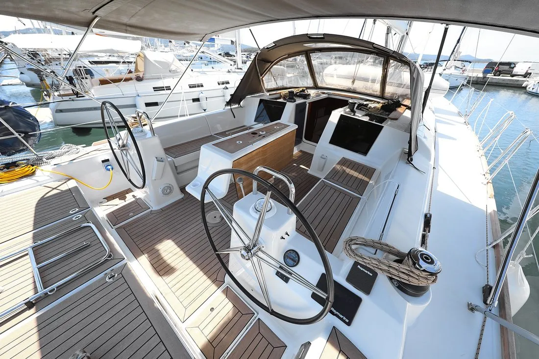 Cockpit of SunnyLife, a Dufour 460 GL sailboat at Biograd na Moru, Croatia