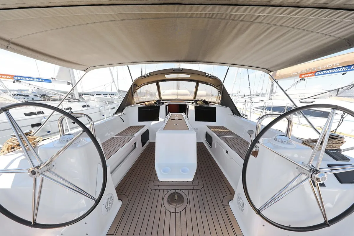 Cockpit of SunnyLife, a Dufour 460 GL sailboat at Biograd na Moru, Croatia
