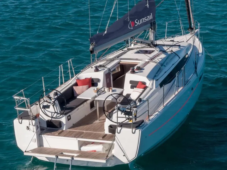 Deck of Sunsail 38.0 Classic, a Jeanneau Sun Odyssey 380 sailboat at Procida, Italy