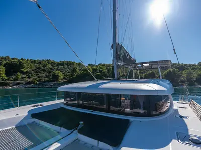 Deck of Find Us, a Lagoon 42 OW catamaran at Grad Kaštela, Croatia