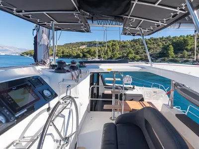 Cockpit of Find Us, a Lagoon 42 OW catamaran at Grad Kaštela, Croatia