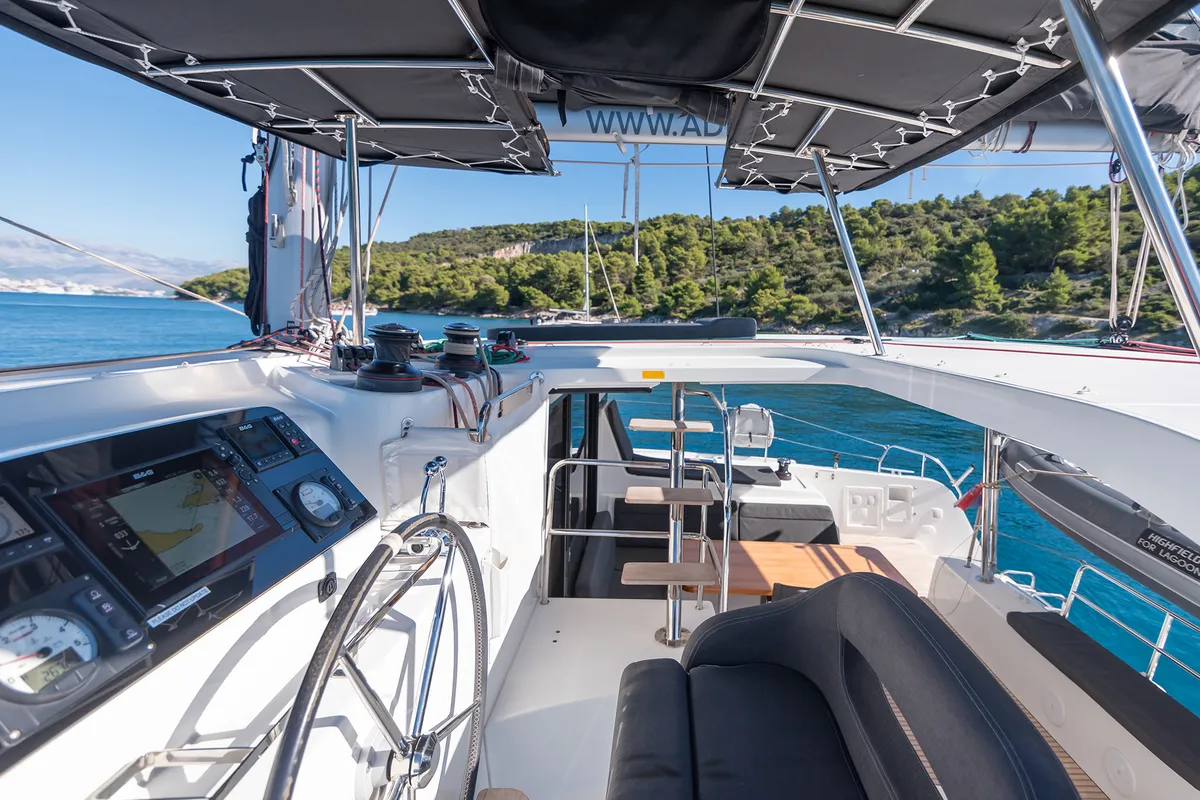 Cockpit of Find Us, a Lagoon 42 OW catamaran at Grad Kaštela, Croatia