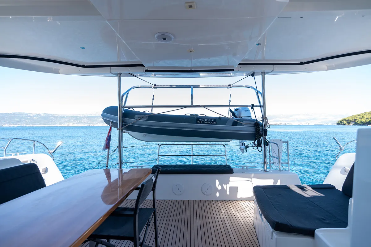 Deck of Find Us, a Lagoon 42 OW catamaran at Grad Kaštela, Croatia