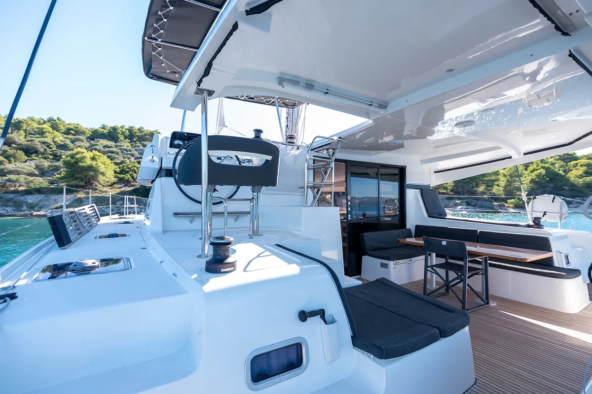 Deck of Find Us, a Lagoon 42 OW catamaran at Grad Kaštela, Croatia
