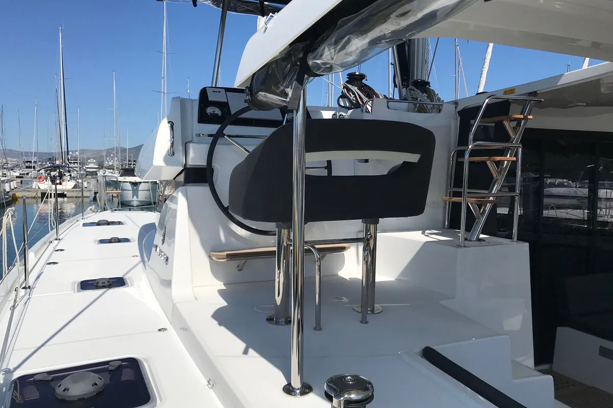 Cockpit of Find Us, a Lagoon 42 OW catamaran at Grad Kaštela, Croatia