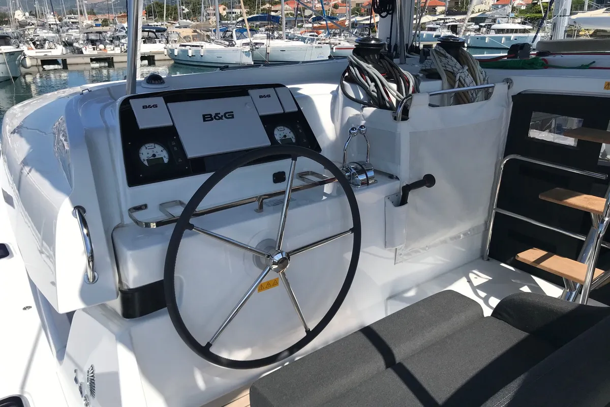 Cockpit of Find Us, a Lagoon 42 OW catamaran at Grad Kaštela, Croatia