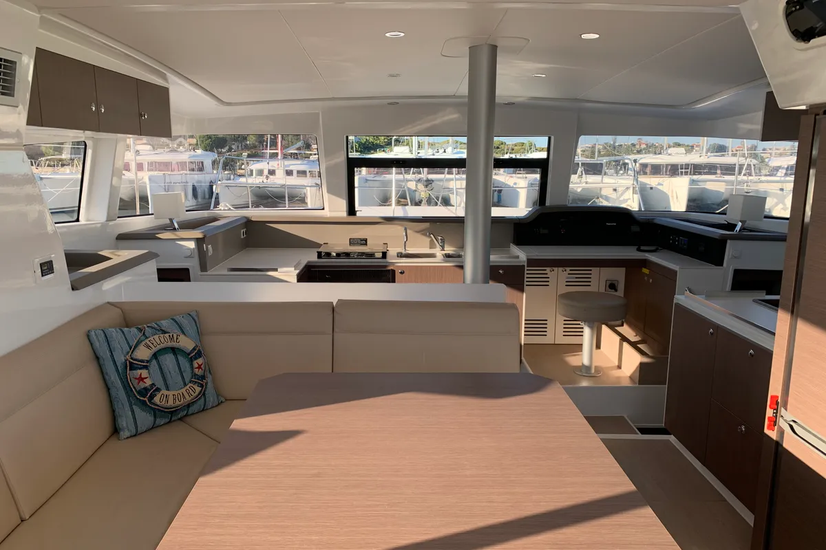 Salon of Iroula, a Bali 4.1 catamaran at Athens, Greece