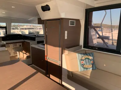 Salon of Iroula, a Bali 4.1 catamaran at Athens, Greece