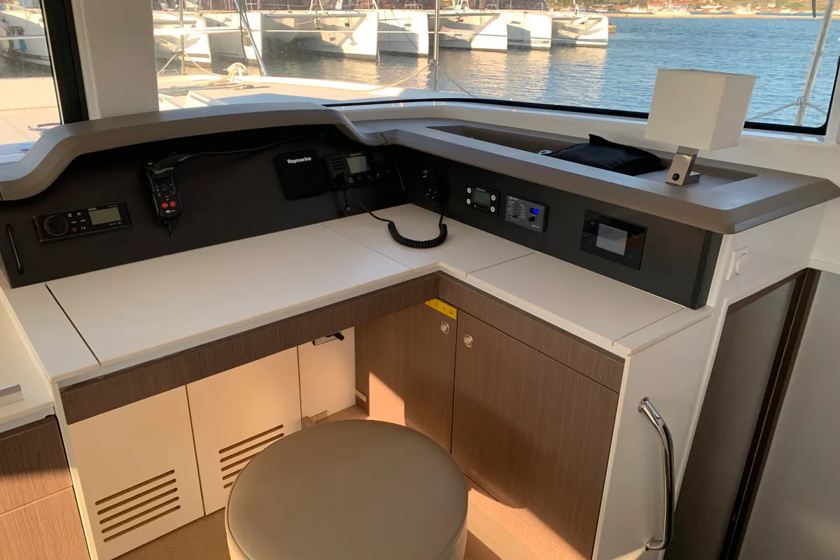 Cockpit of Iroula, a Bali 4.1 catamaran at Athens, Greece