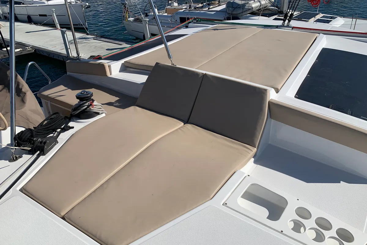 Deck of Iroula, a Bali 4.1 catamaran at Athens, Greece