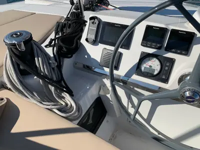 Cockpit of Iroula, a Bali 4.1 catamaran at Athens, Greece