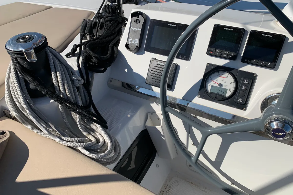 Cockpit of Iroula, a Bali 4.1 catamaran at Athens, Greece