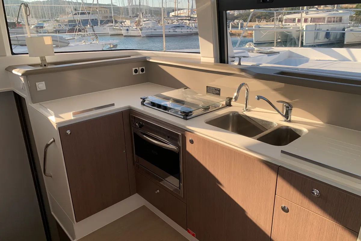 Galley of Iroula, a Bali 4.1 catamaran at Athens, Greece