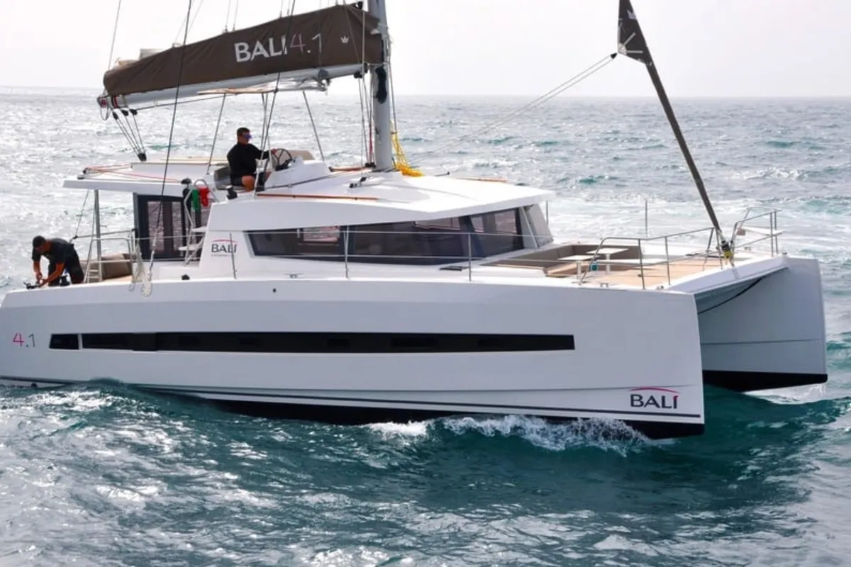 Exterior view of Iroula, a Bali 4.1 catamaran at Athens, Greece