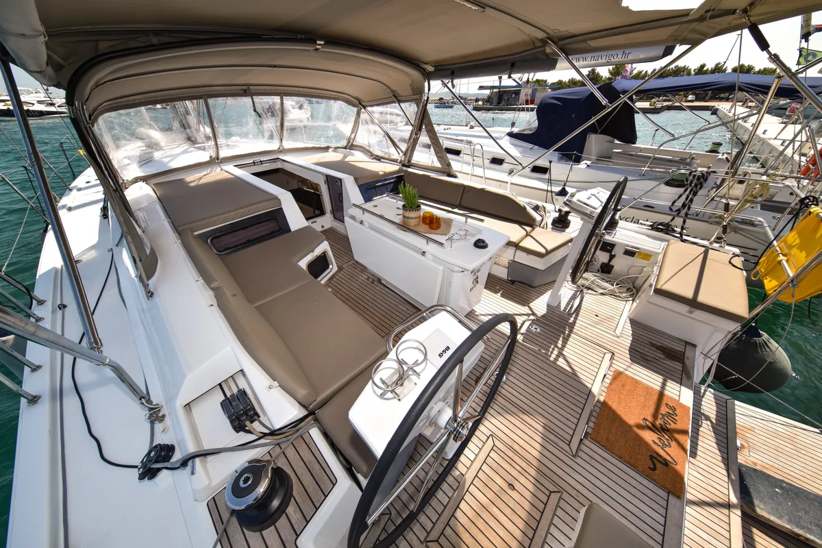 Cockpit of Dodo, a Beneteau Oceanis 51.1 OW sailboat at Općina Sukošan, Croatia