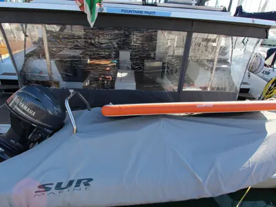 Deck of Sonrisa, a Fountaine Pajot Tanna 47 catamaran at Olbia, Italy